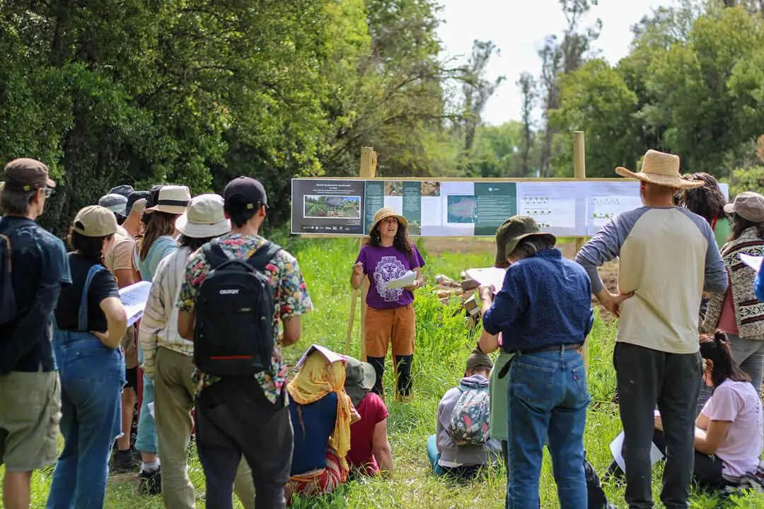 Gira técnica de LabRegen: grupo de personas frente a paneles informativos en terreno